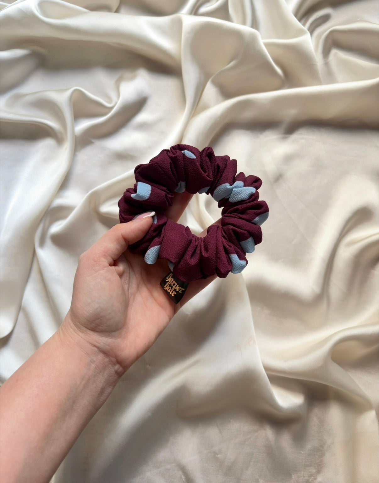 Burgundy Blue Polka Skinny Scrunchie