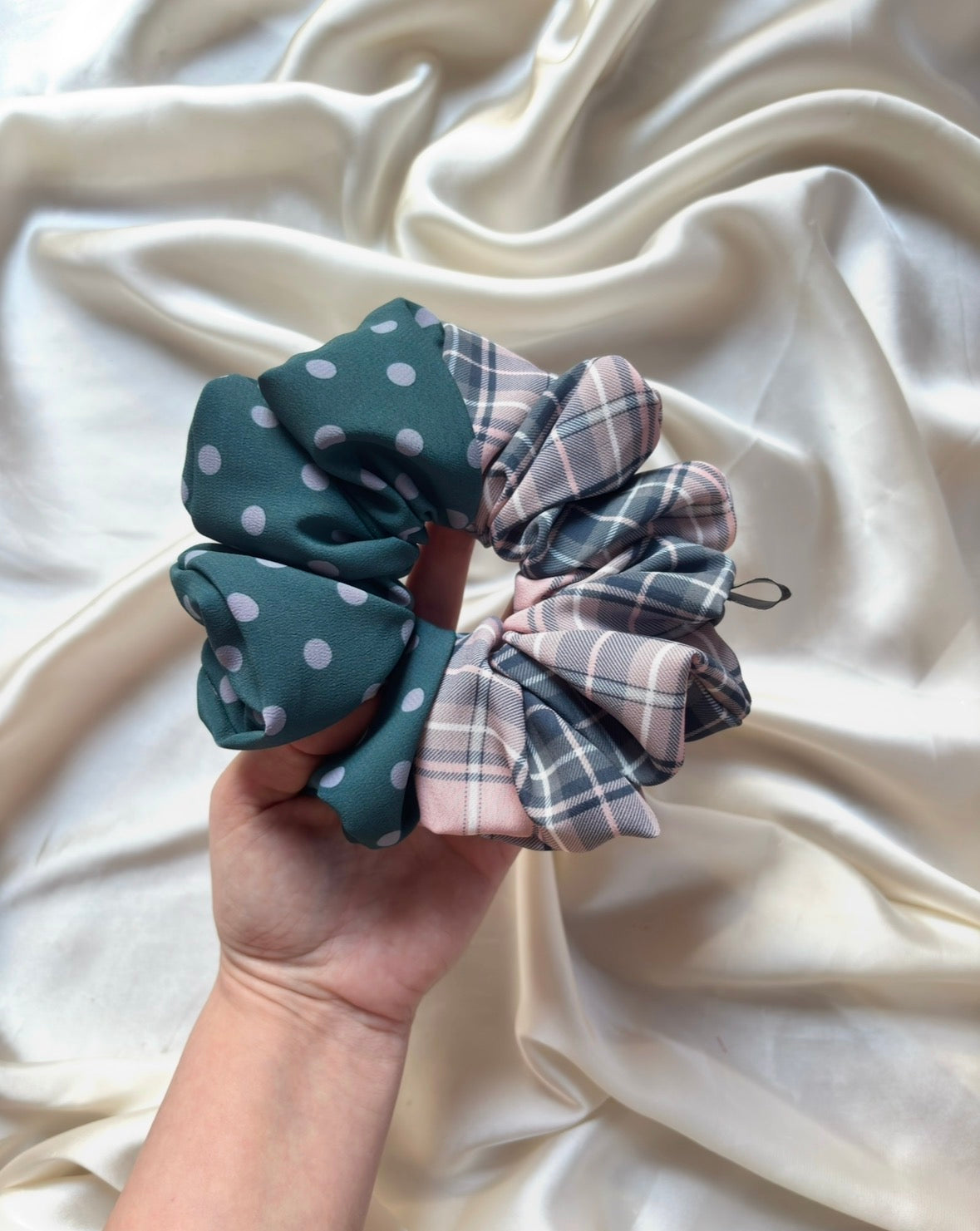 Teal Polka / Blush Tartan XL Scrunchie