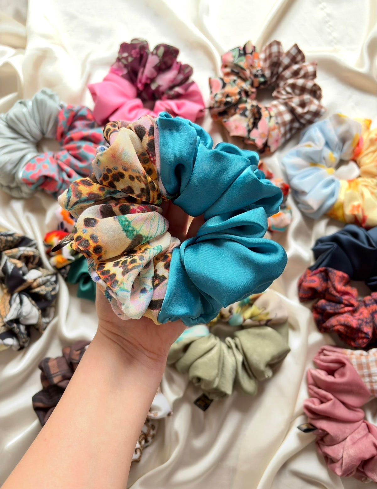 Flutter Leopard / Teal Satin XL Scrunchie